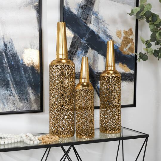 Gold Metal Abstract Patterned Vase with Open Frame Design Set